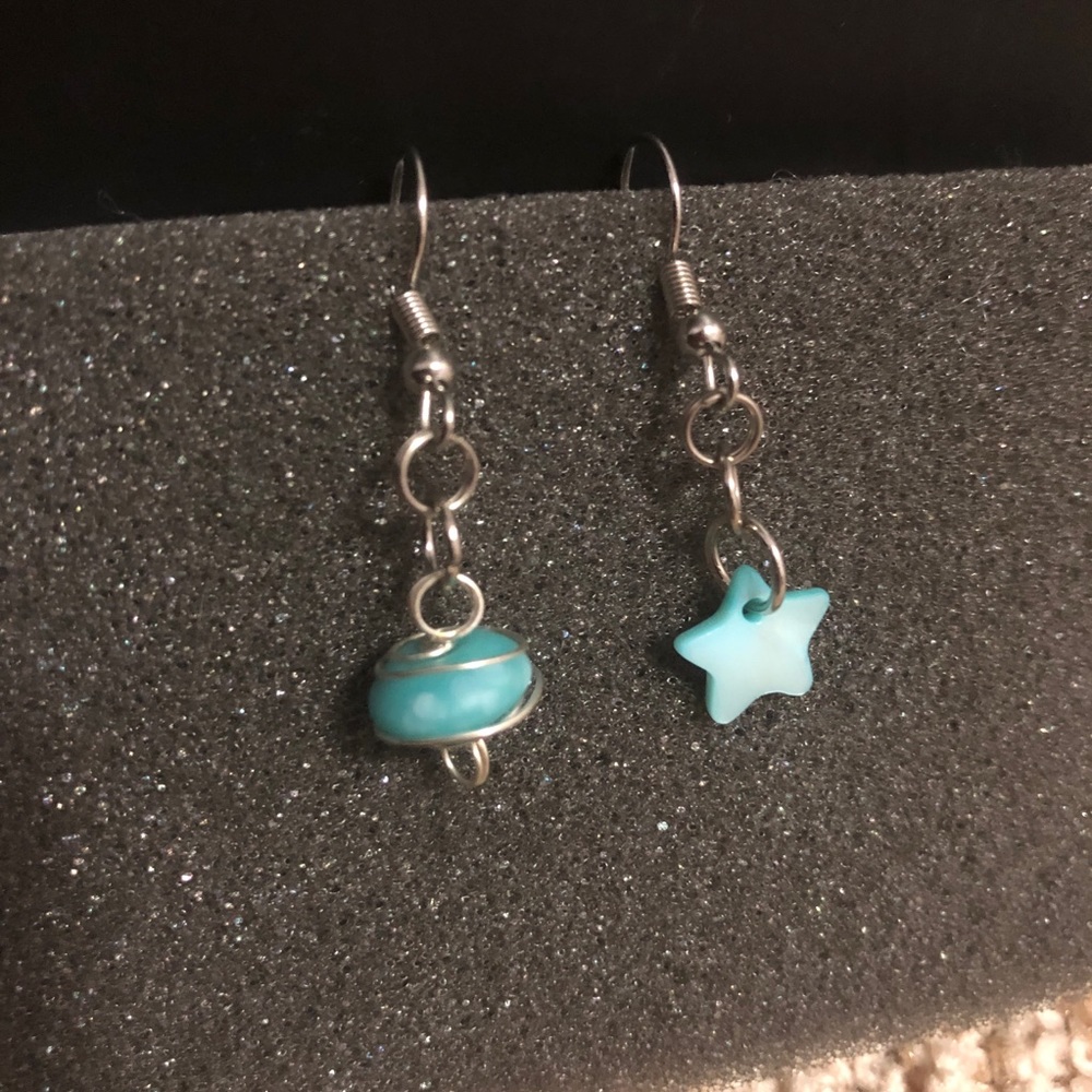 Blue Frosted Glass & Pearl Star Earrings Whimsical Handmade Mismatched